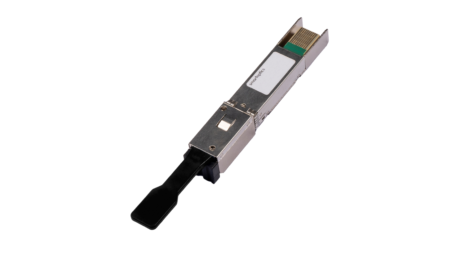 A metallic fibre optic transceiver module with a black pull tab on a white background.