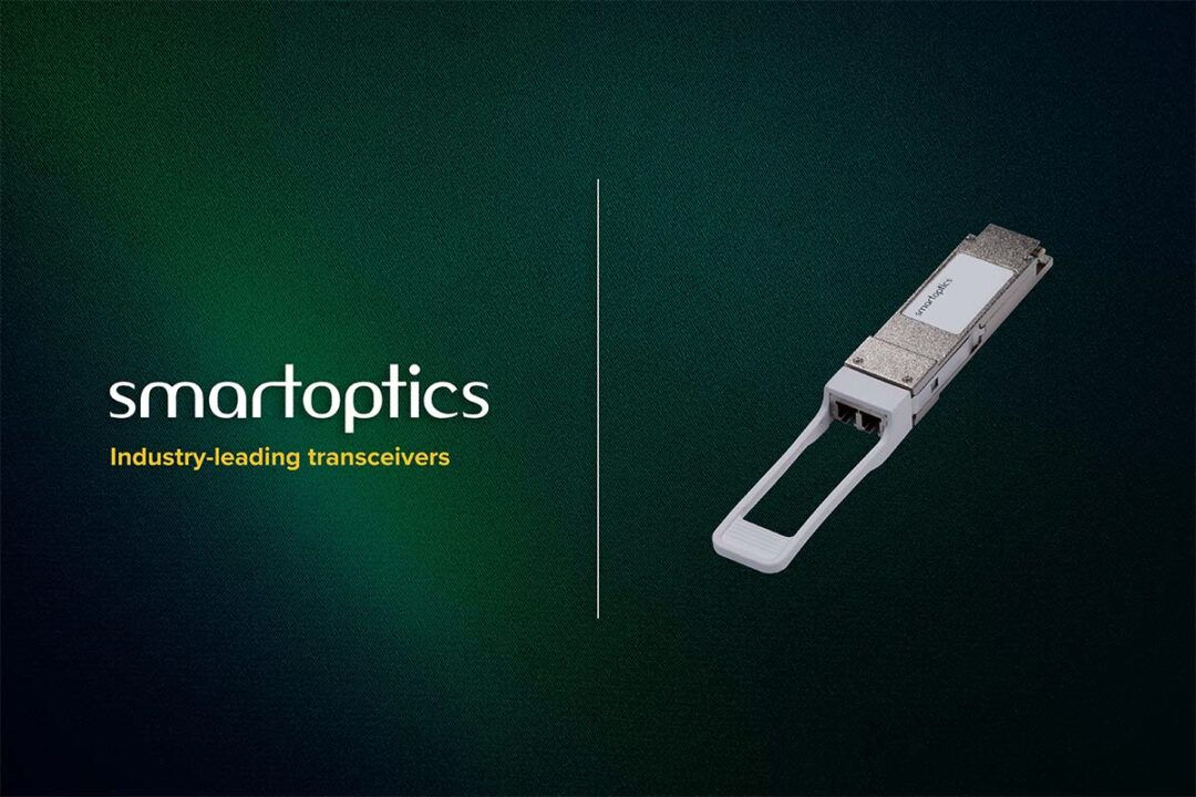 Smartoptics logo with text "Industry-leading transceivers" and an optical transceiver module on a green background.