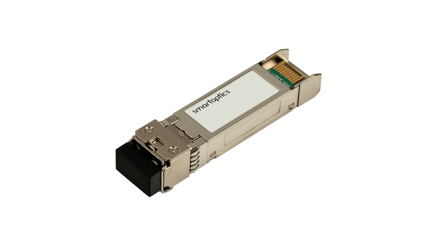 A metal optical transceiver module labelled "smartoptics" with a black cap, used for network connections.