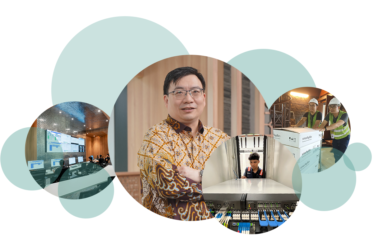 A man in batik shirt stands confidently, with circles showing office, engineers, and server equipment in the background.