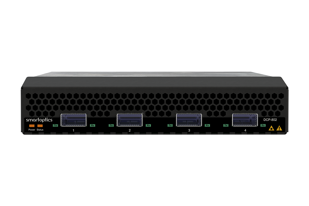 Black Smartoptics DCP-802 network device with four ports and LED indicators on the front panel.