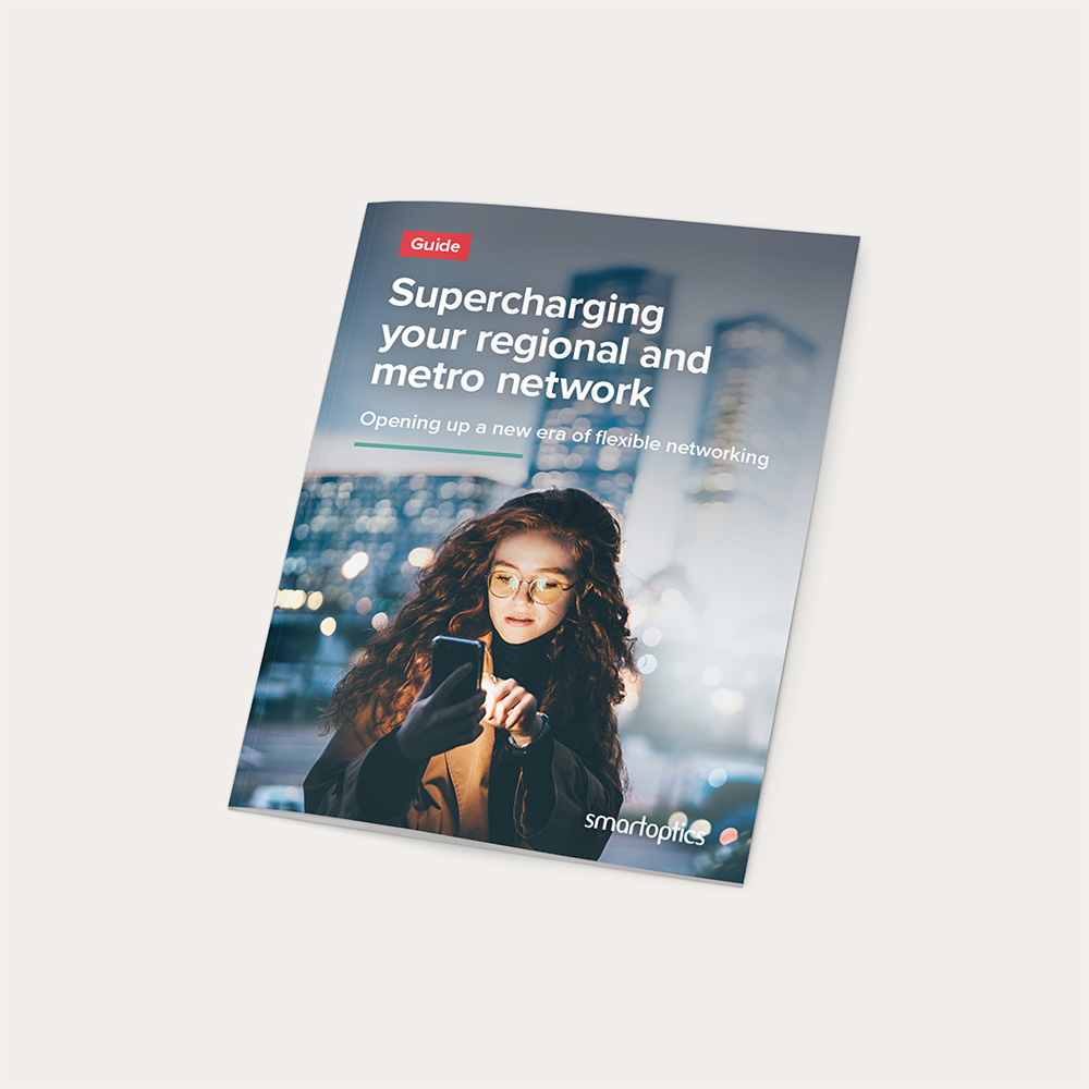 A brochure titled "Supercharging your regional and metro network" featuring a woman using her phone in a city.