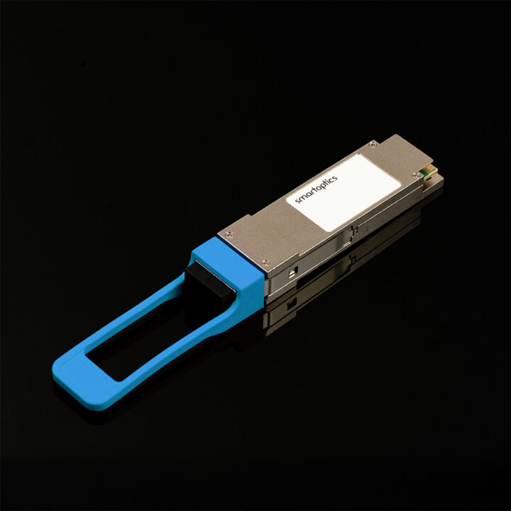 A computer transceiver module with a blue handle, labelled "smartoptics," on a black background.