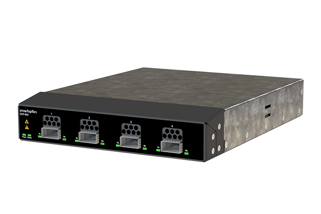 Rack-mounted network switch with four ports on the front panel and indicator lights.