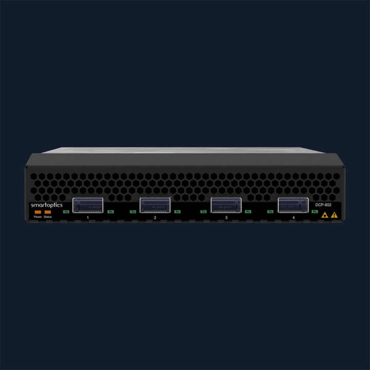 Front view of a Smartoptics DCP-802 network device with four labelled ports and indicator lights.