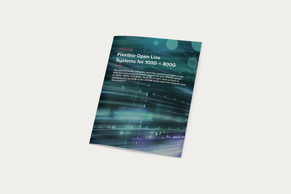 Brochure titled "Flexible Open Line Systems for 100G – 800G" with a digital tech-themed cover design.